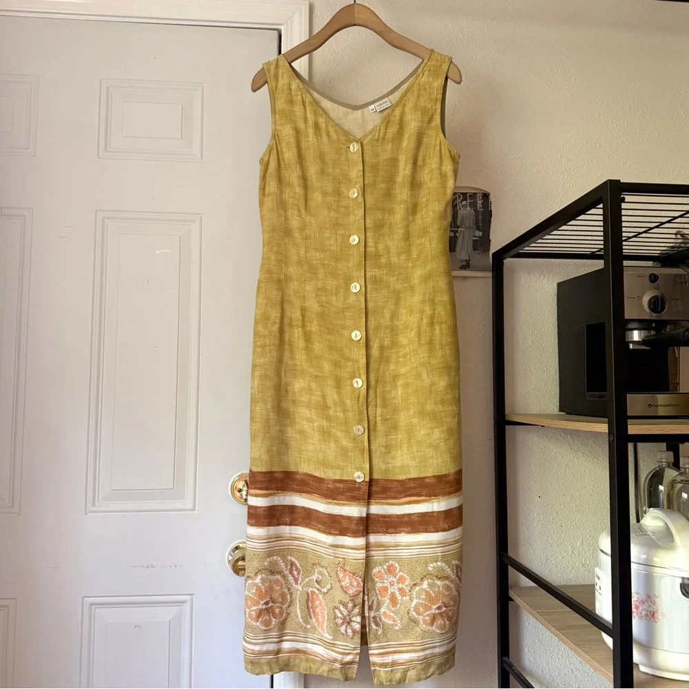 UNITED COLORS OF BENETTON yellow floral button up‎ linen midi dress
